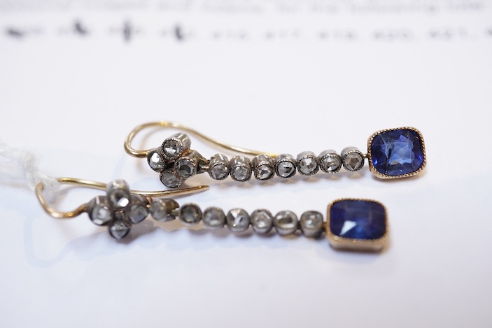 A pair of sapphire and diamond earrings, early 20th century